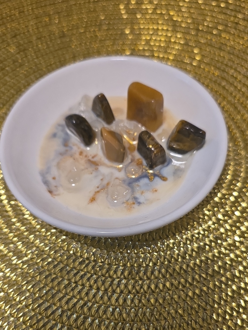White Ceramic Bowl with Polished Brown Tiger Eye Stones And More (D-1) 4"